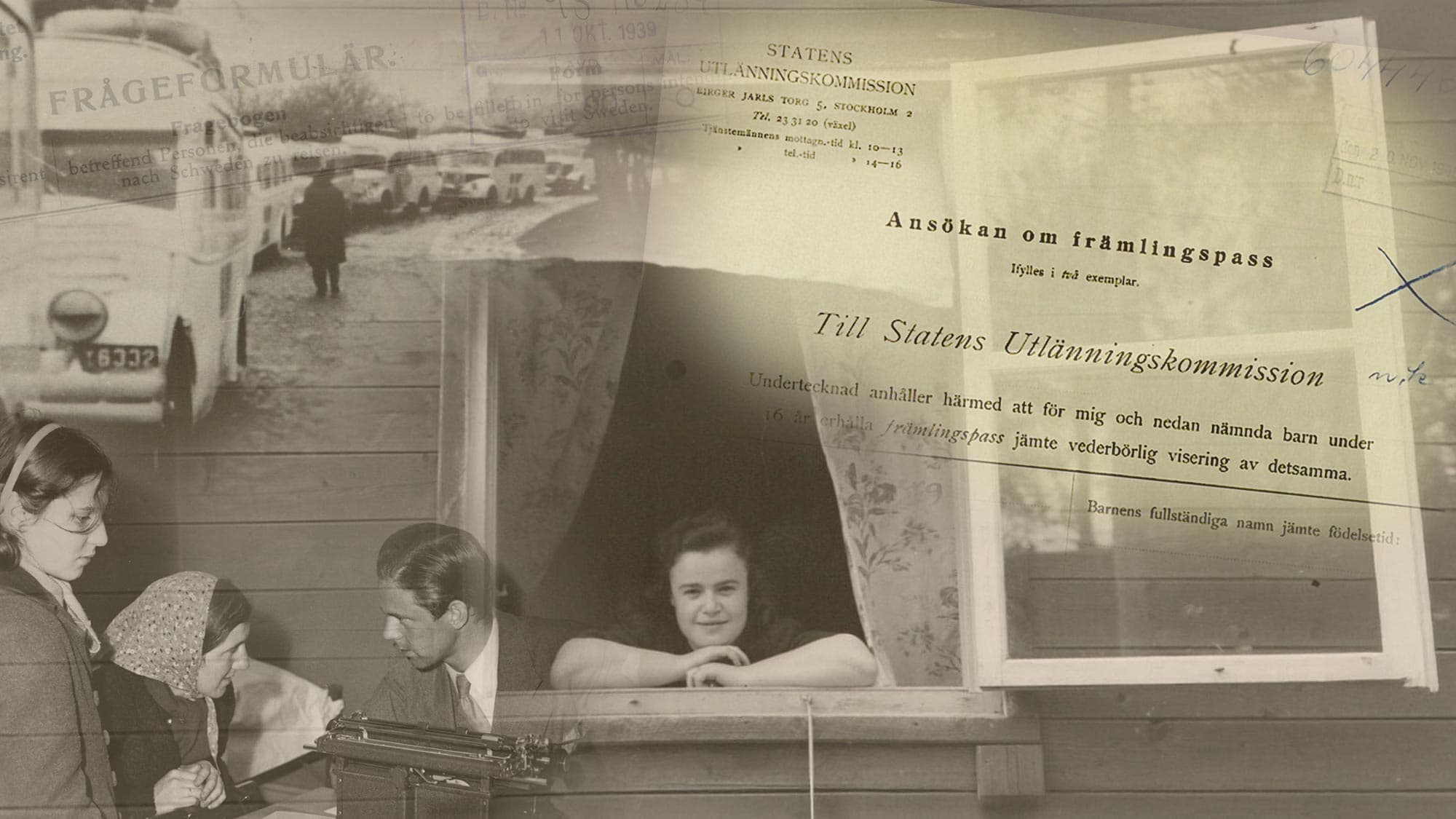 Ett sammansatt svartvitt fotografi med människor vid ett skrivbord, en person vid ett fönster och en rad bussar utomhus. Överlagrade svenska dokument från Statens utlänningskommission syns tydligt.