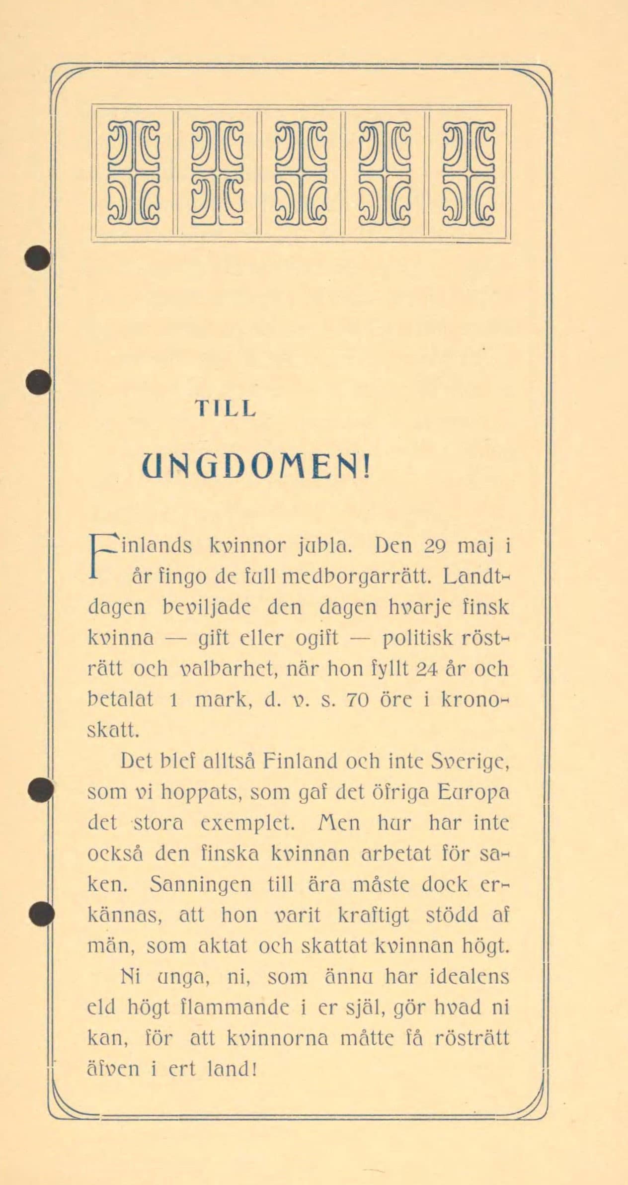 Äldre typat dokument från 1906 med rubriken "Till ungdomen", som argumenterar för kvinnlig rösträtt.