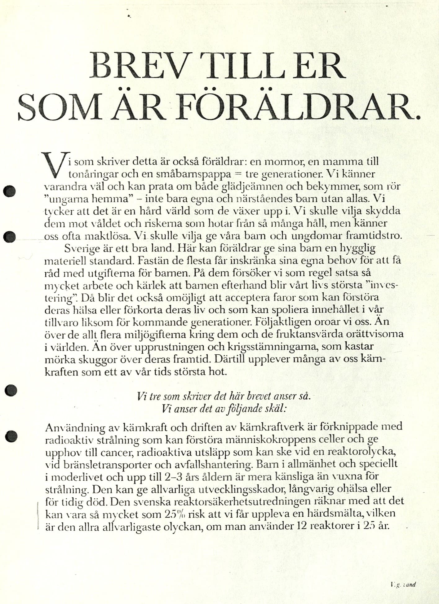 Typat dokument med rubriken "Brev till er som är föräldrar", med argument mot kärnkraft.