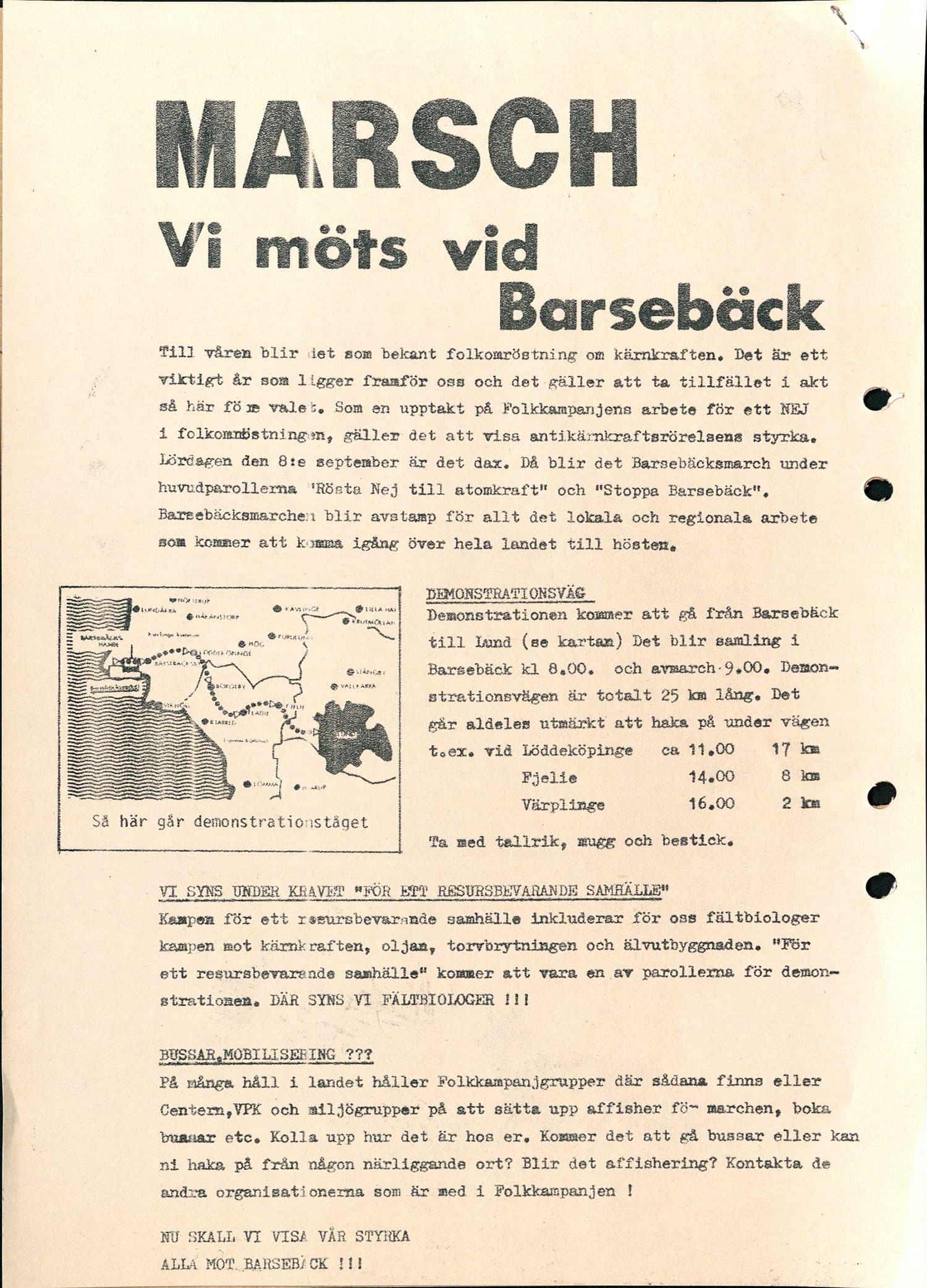 Typat infoblad med rubriken "Marsch: Vi möts vid barsebäck", med uppmaning om att delta i demonstration mot kärnkraft.