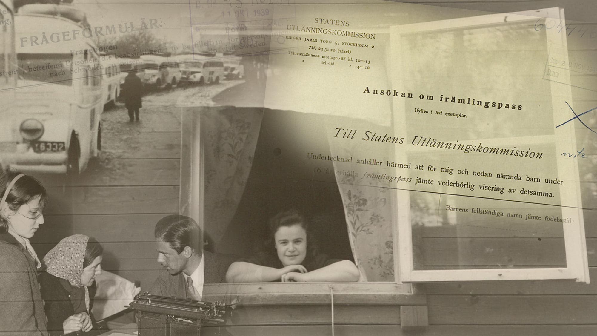 Fotomontage med svartvita foton av bussar, personer vid ett skrivbord och en kvinna i ett fönster. Ovanpå ligger tydliga dokument från Statens utlänningskommission, bland annat ”Ansökan om främlingspass”.