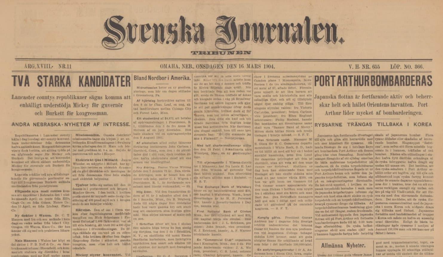Brunaktigt tidningsuppslag med svensk text.