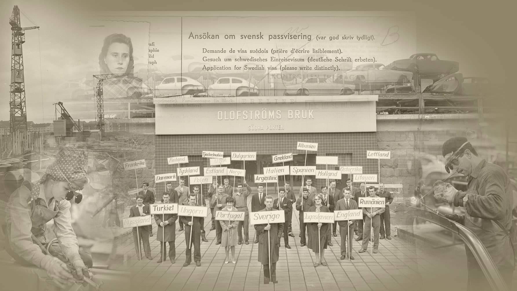 Historisk kollagebild över arbetskraftsinvandring till Sverige med fabriksarbetare, byggarbeten och visumhandlingar.