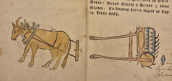 Teckning av en ko som drar en gammal jordbruksmaskin.